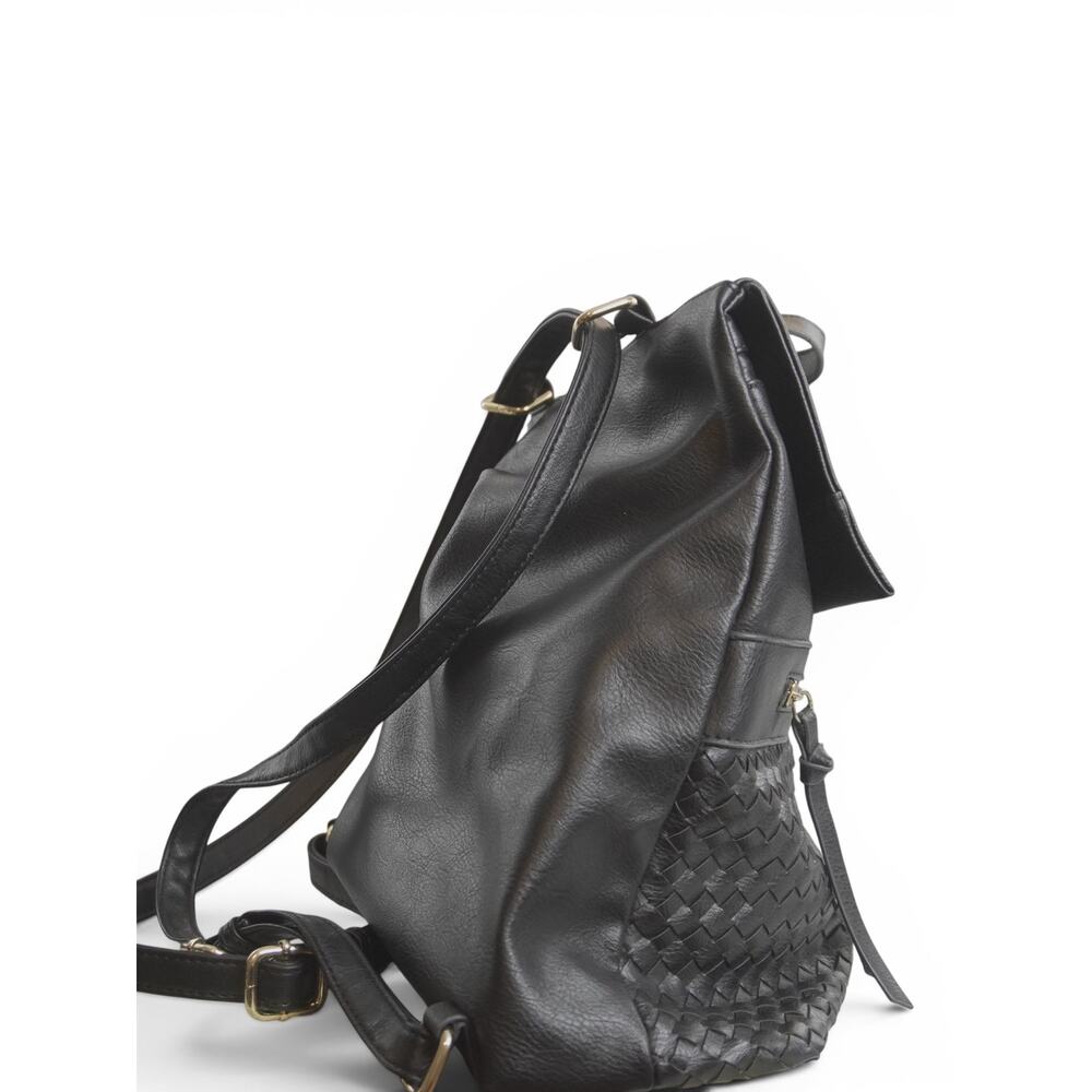 Black Woven Faux Leather Backpack Tote Animal Print Lining Laptop School Bag - Picture 6 of 16
